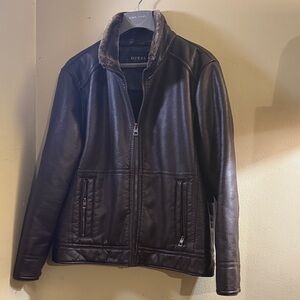 GUESS Men's Dark Brown Leather Bomber Jacket